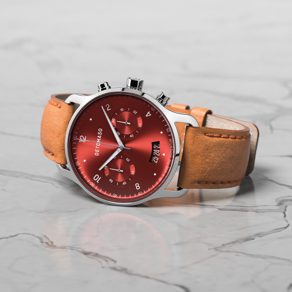 SORPASSO CHRONOGRAPH LIMITED EDITION SILVER RED - Leather Brown Classic - Detomaso Watches