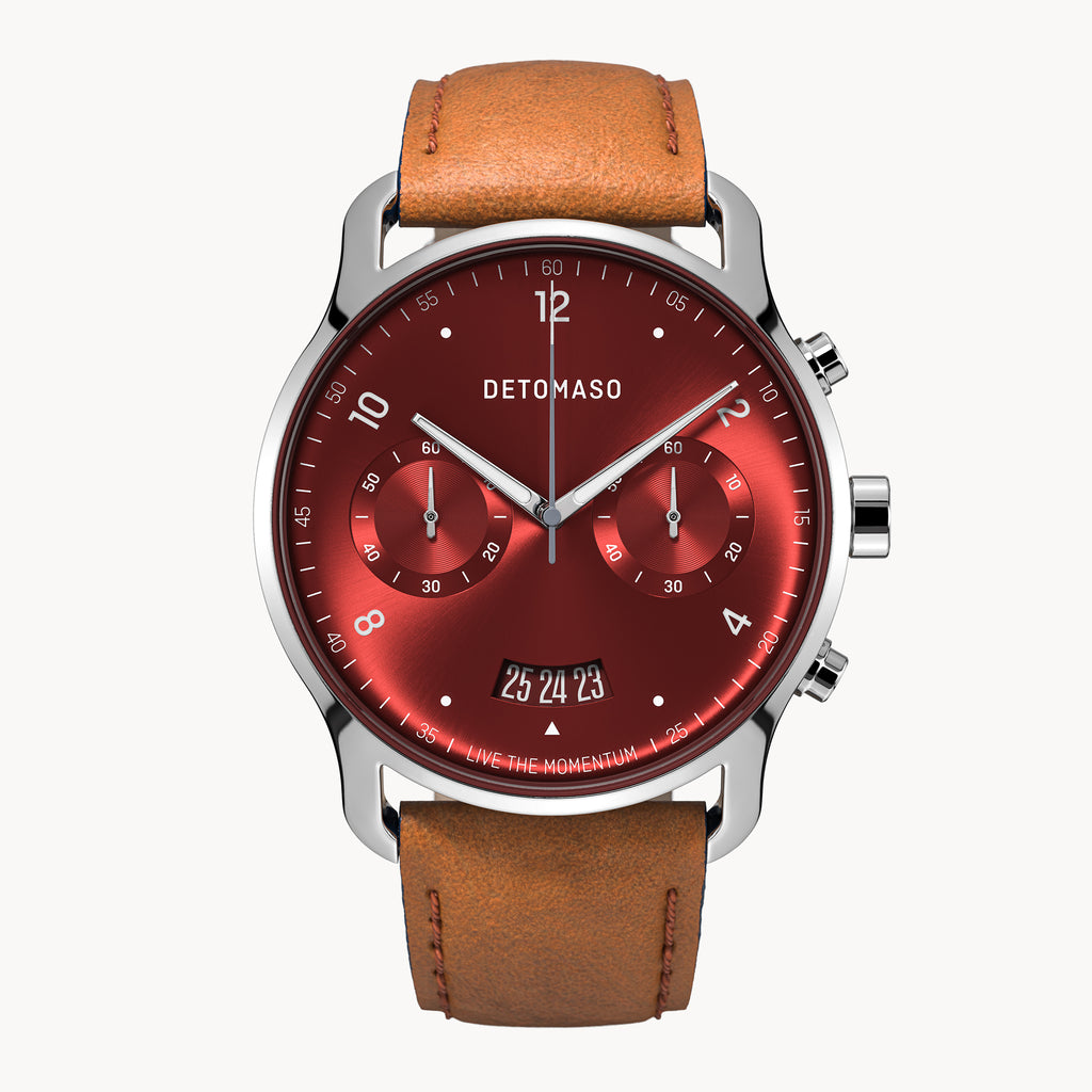 SORPASSO CHRONOGRAPH LIMITED EDITION SILVER RED - Leather Brown Classic - Detomaso Watches