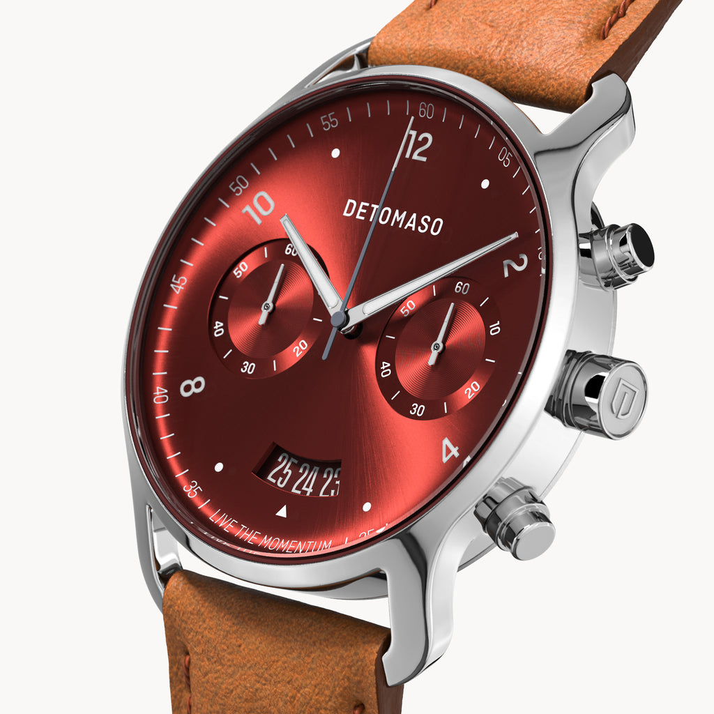 SORPASSO CHRONOGRAPH LIMITED EDITION SILVER RED - Leather Brown Classic - Detomaso Watches