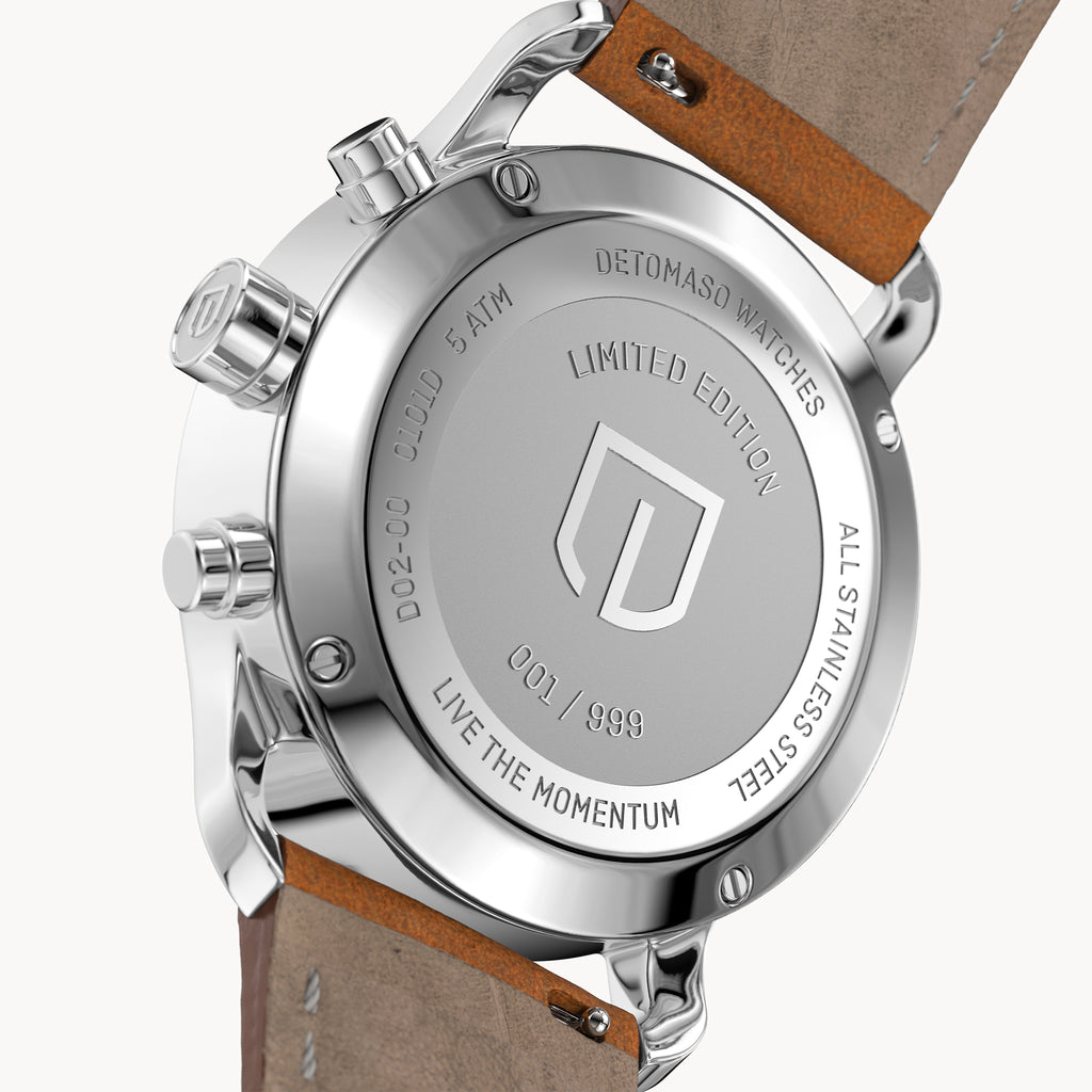 SORPASSO CHRONOGRAPH LIMITED EDITION SILVER RED - Leather Brown Classic - Detomaso Watches