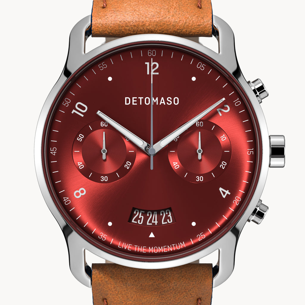 SORPASSO CHRONOGRAPH LIMITED EDITION SILVER RED - Leather Brown Classic - Detomaso Watches
