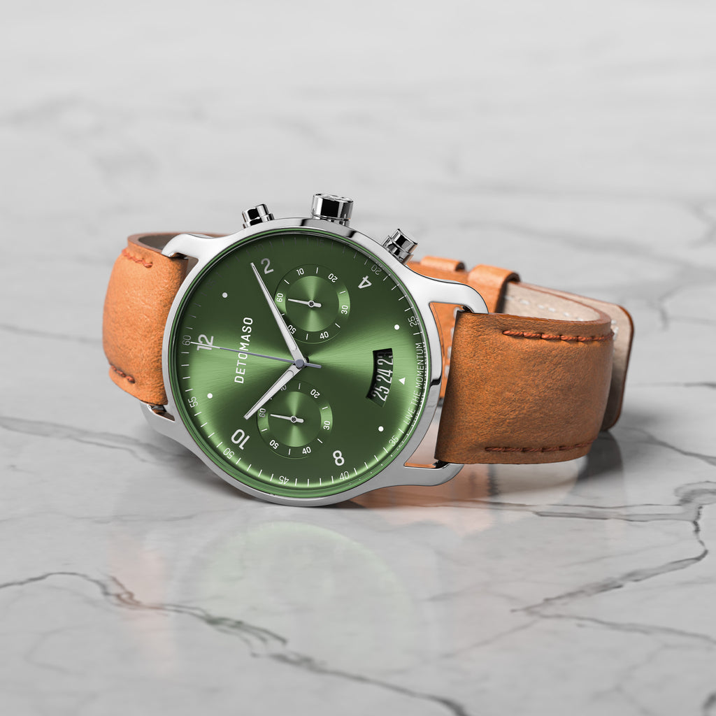 SORPASSO CHRONOGRAPH LIMITED EDITION SILVER GREEN - Leather Brown Classic - Detomaso Watches