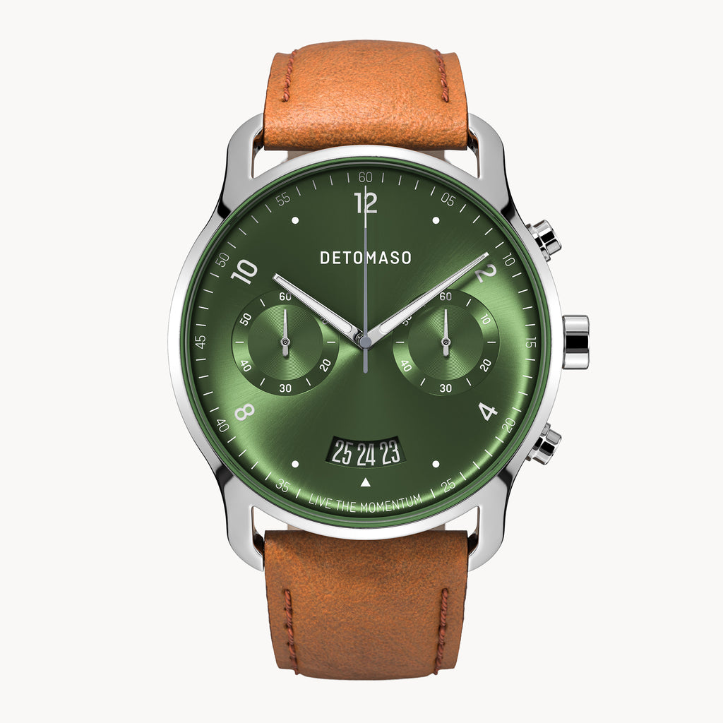SORPASSO CHRONOGRAPH LIMITED EDITION SILVER GREEN - Leather Brown Classic - Detomaso Watches