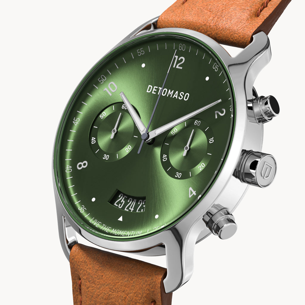 SORPASSO CHRONOGRAPH LIMITED EDITION SILVER GREEN - Leather Brown Classic - Detomaso Watches