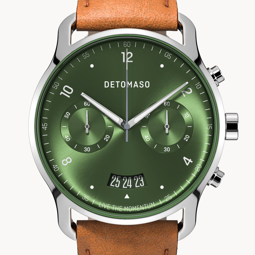 SORPASSO CHRONOGRAPH LIMITED EDITION SILVER GREEN - Leather Brown Classic - Detomaso Watches