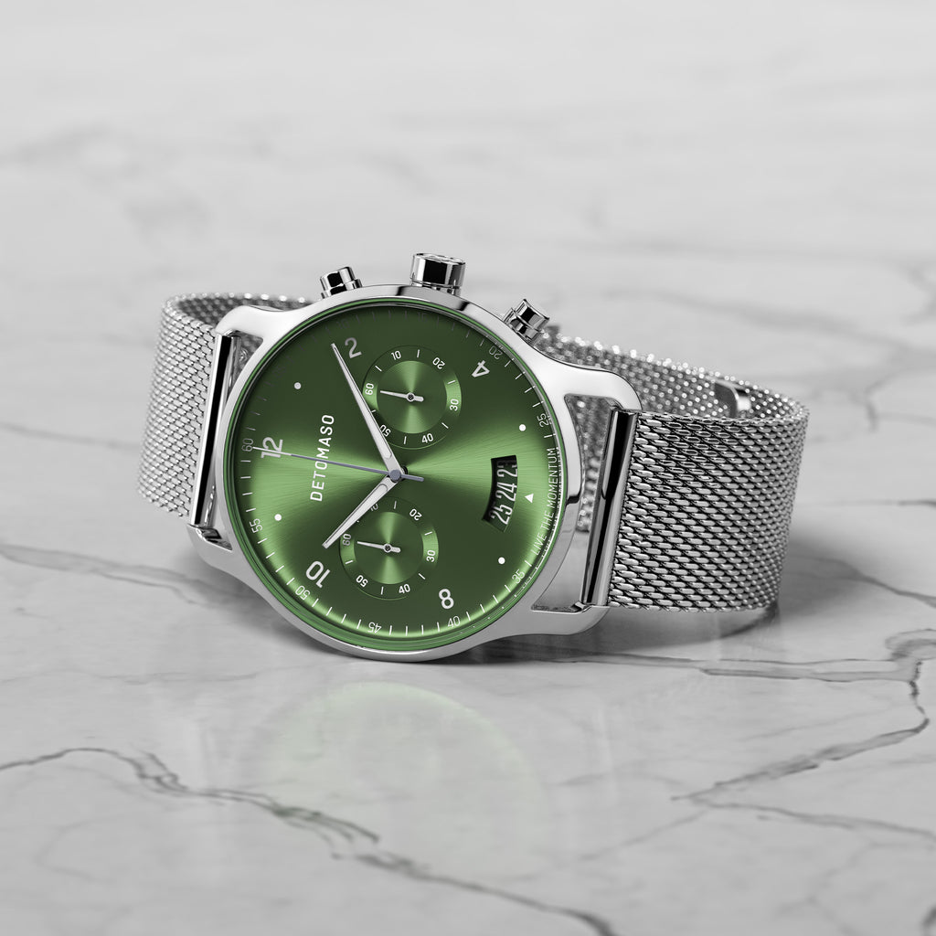 SORPASSO CHRONOGRAPH LIMITED EDITION SILVER GREEN - Mesh Silver Glossy - Detomaso Watches