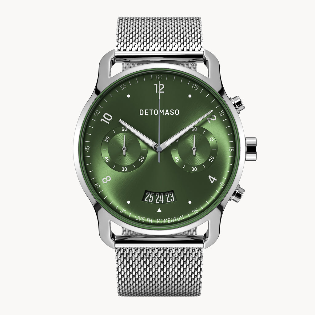 SORPASSO CHRONOGRAPH LIMITED EDITION SILVER GREEN - Mesh Silver Glossy - Detomaso Watches