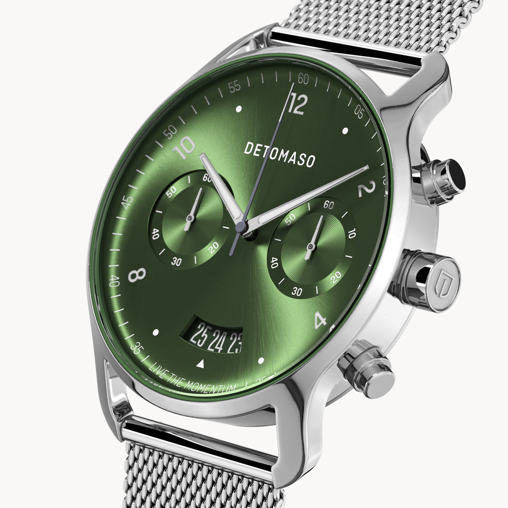 SORPASSO CHRONOGRAPH LIMITED EDITION SILVER GREEN - Mesh Silver Glossy - Detomaso Watches