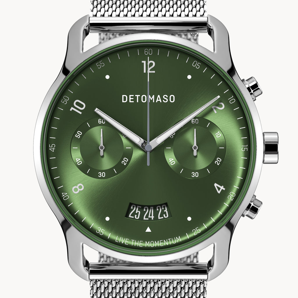 SORPASSO CHRONOGRAPH LIMITED EDITION SILVER GREEN - Mesh Silver Glossy - Detomaso Watches