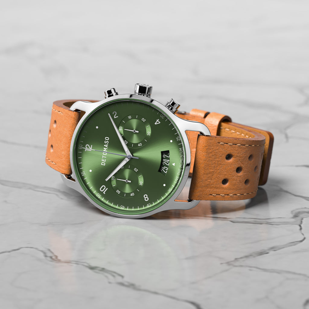 SORPASSO CHRONOGRAPH LIMITED EDITION SILVER GREEN - Leather Light brown Racing - Detomaso Watches