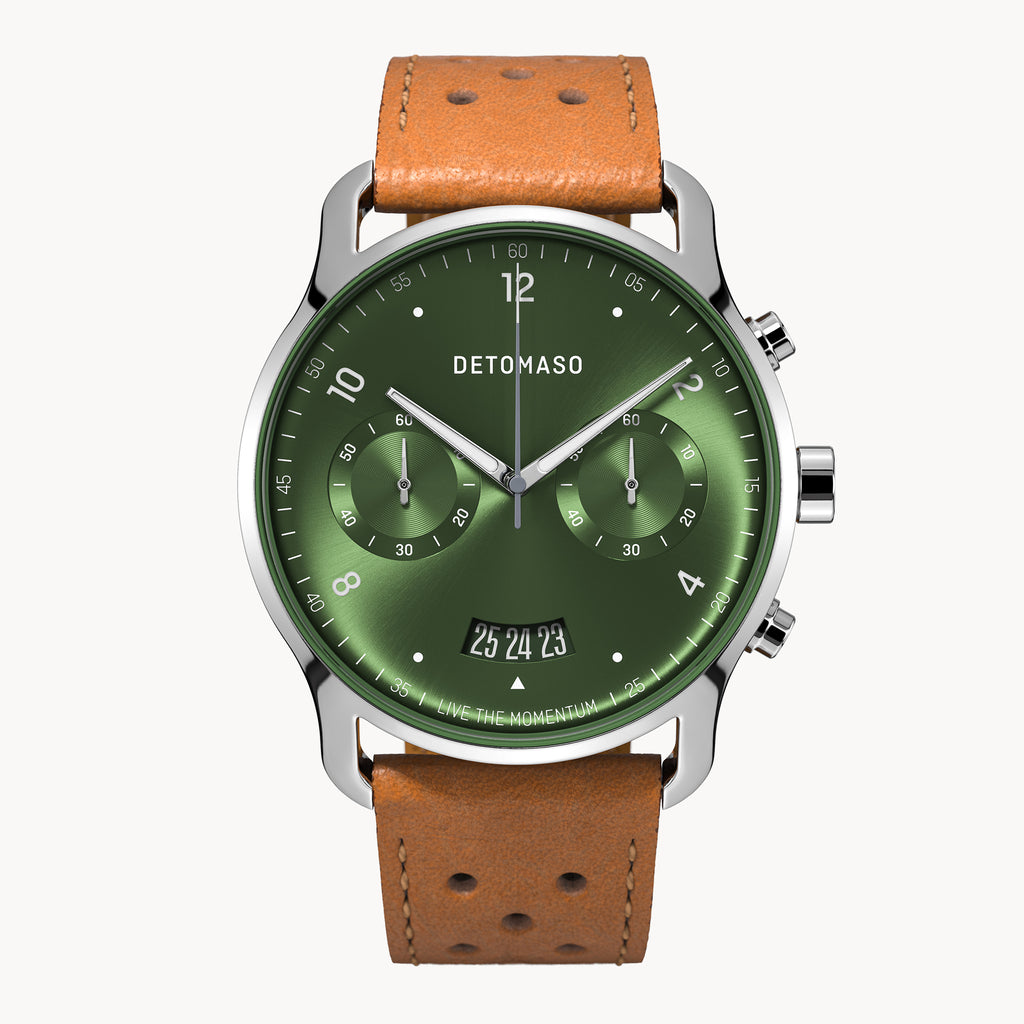SORPASSO CHRONOGRAPH LIMITED EDITION SILVER GREEN - Leather Light brown Racing - Detomaso Watches
