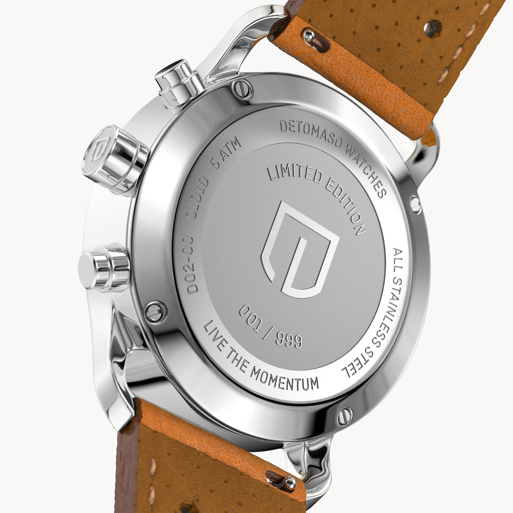 SORPASSO CHRONOGRAPH LIMITED EDITION SILVER GREEN - Leather Light brown Racing - Detomaso Watches