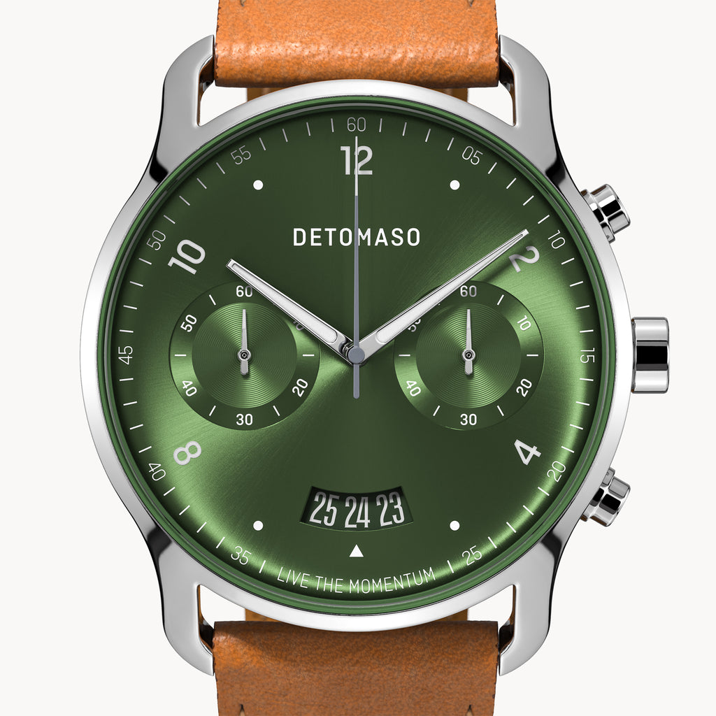 SORPASSO CHRONOGRAPH LIMITED EDITION SILVER GREEN - Leather Light brown Racing - Detomaso Watches
