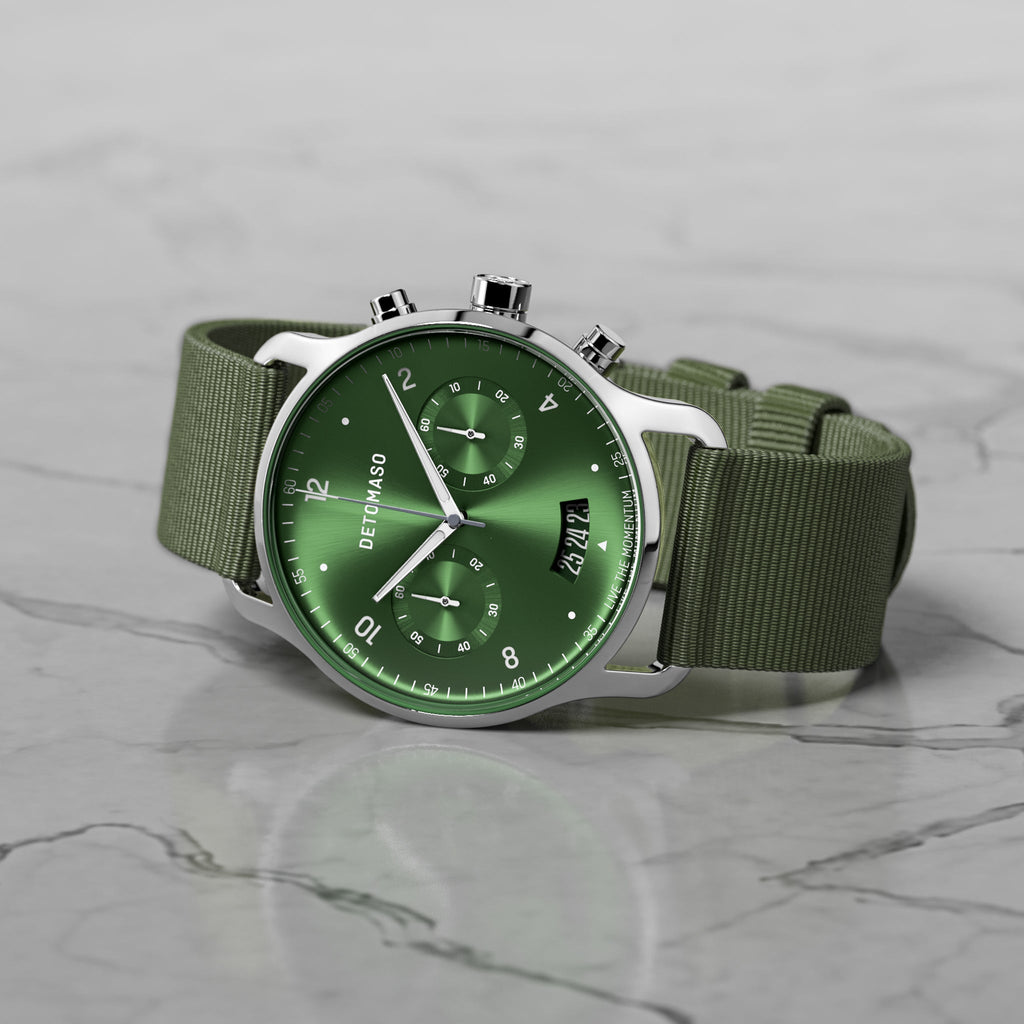 SORPASSO CHRONOGRAPH LIMITED EDITION SILVER GREEN - Ocean Plastic Olive Woven - Detomaso Watches