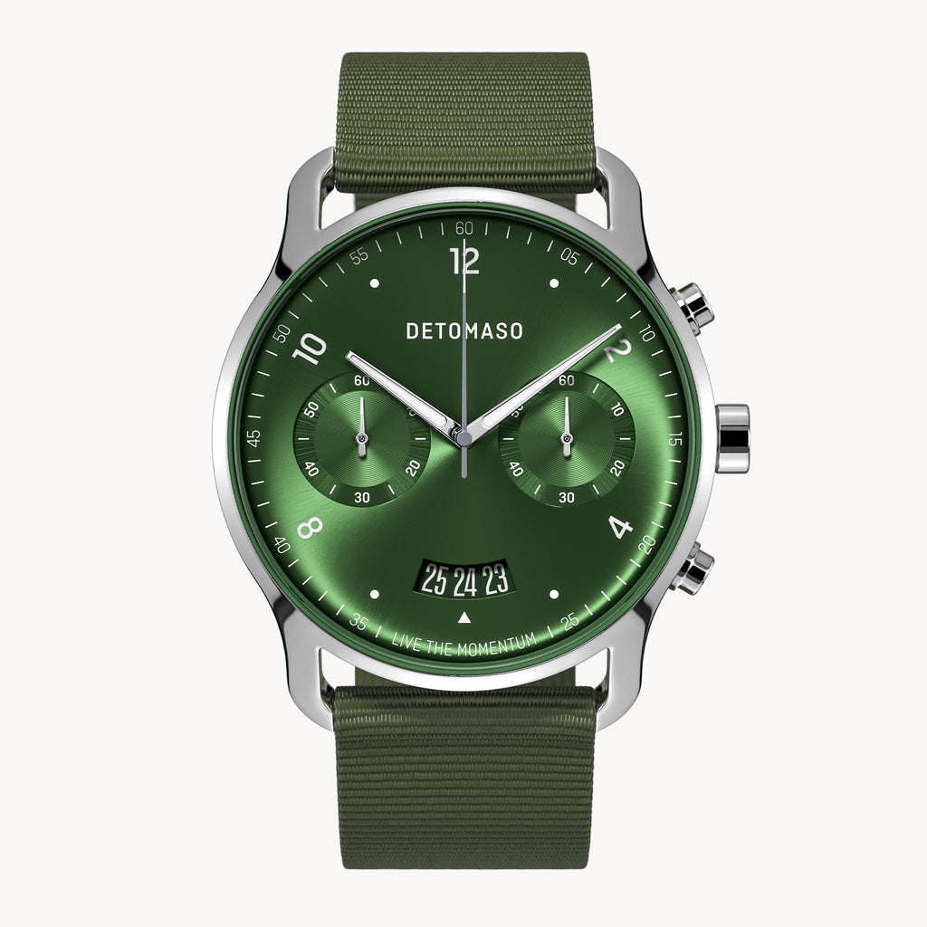 SORPASSO CHRONOGRAPH LIMITED EDITION SILVER GREEN - Ocean Plastic Olive Woven - Detomaso Watches