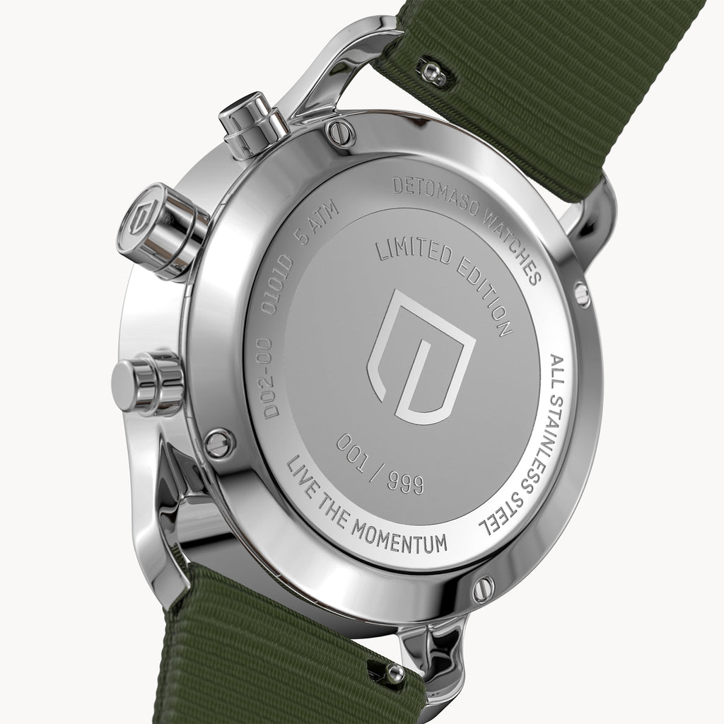 SORPASSO CHRONOGRAPH LIMITED EDITION SILVER GREEN - Ocean Plastic Olive Woven - Detomaso Watches