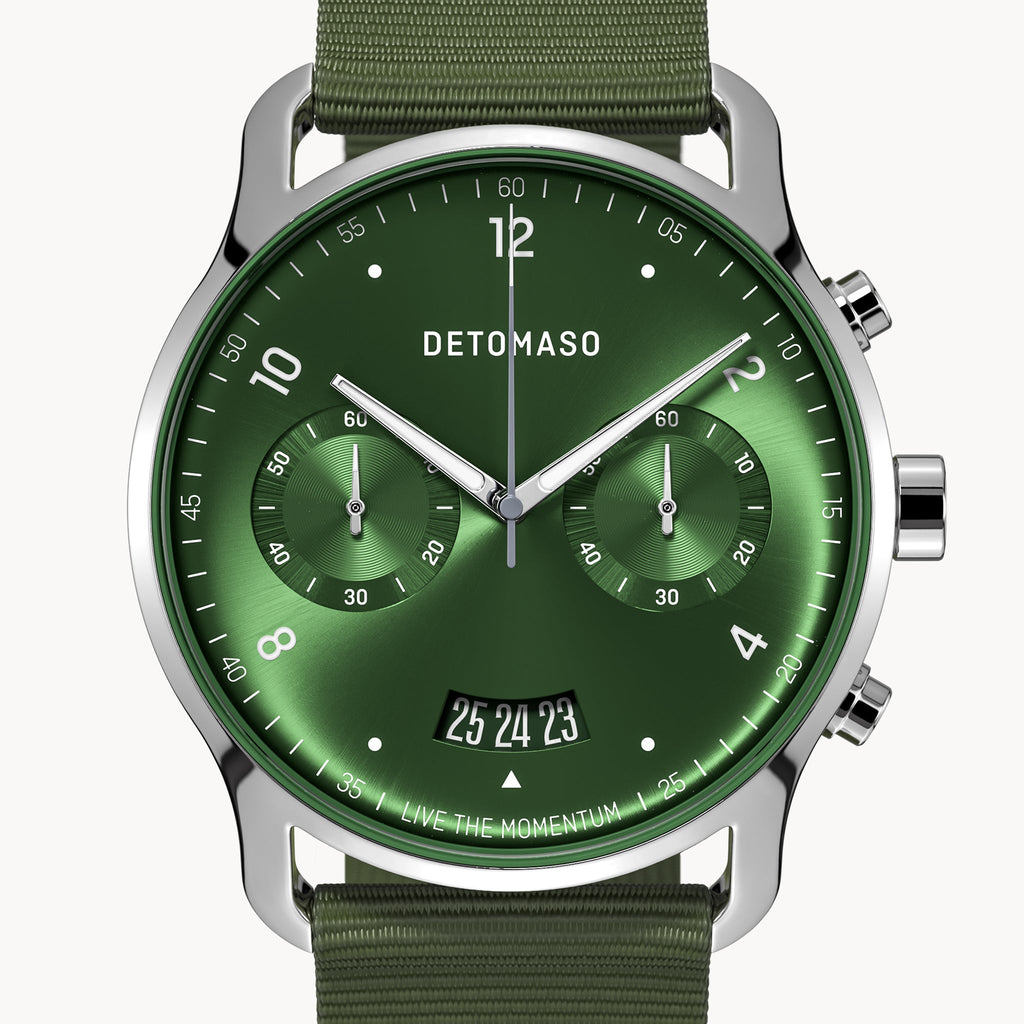 SORPASSO CHRONOGRAPH LIMITED EDITION SILVER GREEN - Ocean Plastic Olive Woven - Detomaso Watches