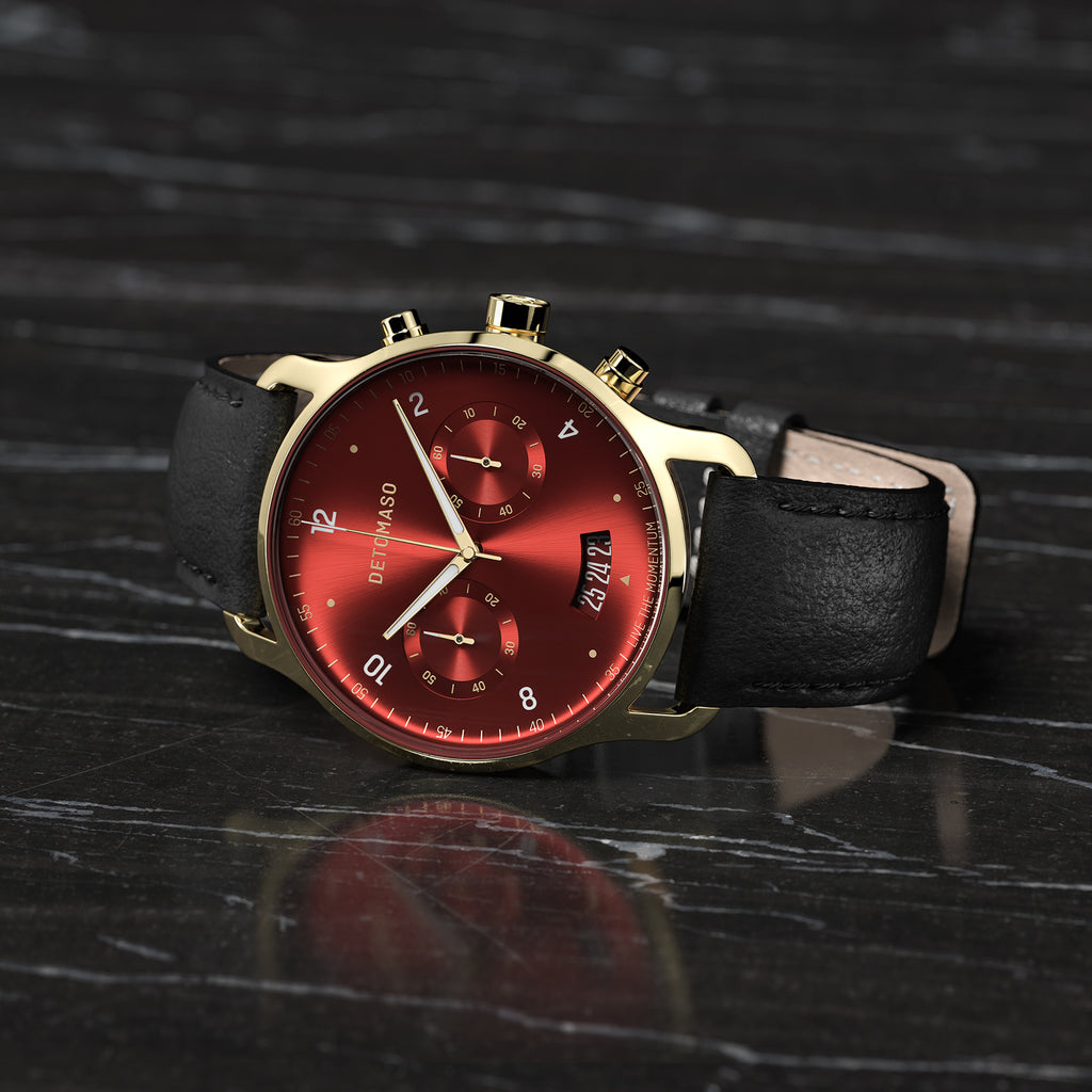 SORPASSO CHRONOGRAPH LIMITED EDITION GOLD RED - Leather Black Classic - Detomaso Watches