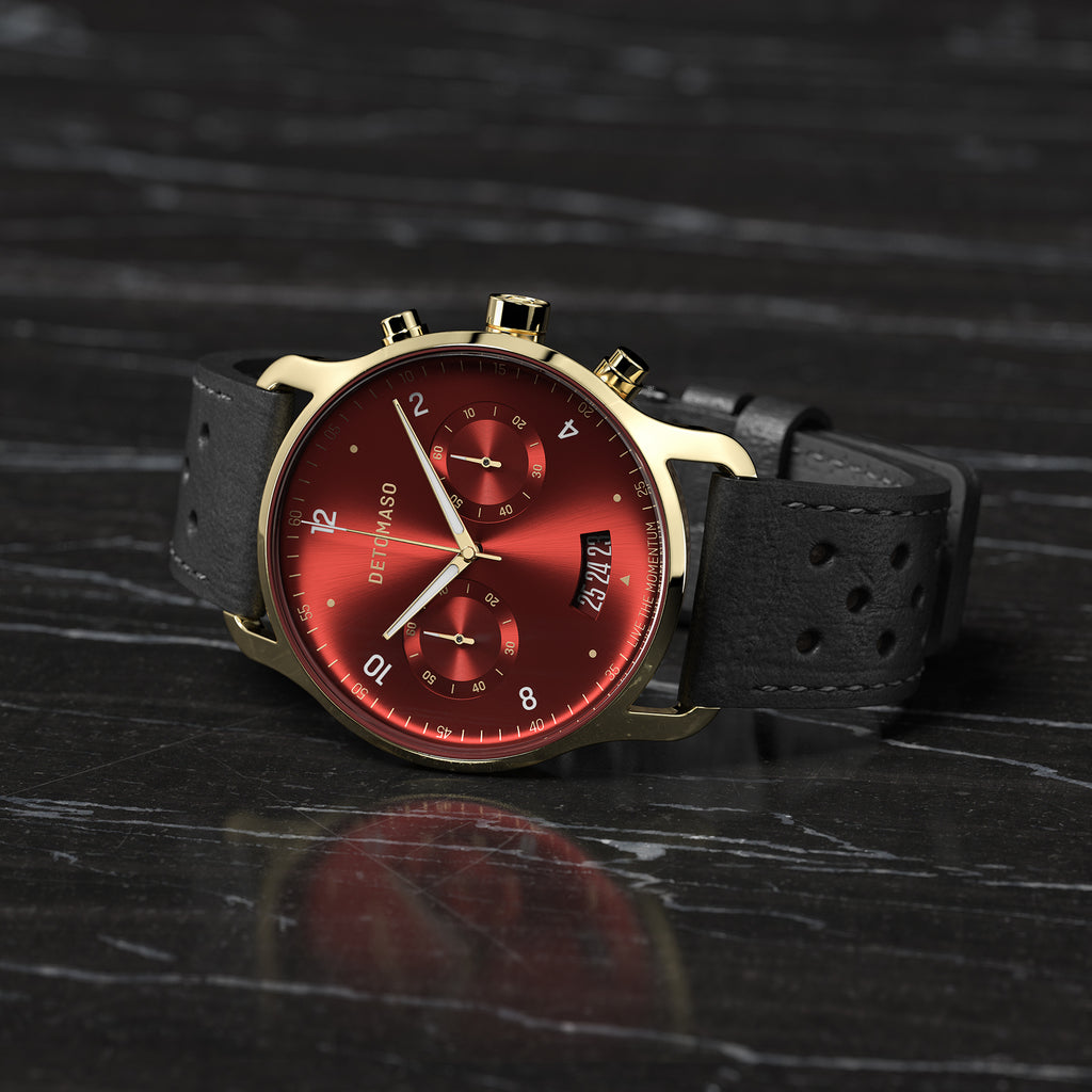SORPASSO CHRONOGRAPH LIMITED EDITION GOLD RED - Leather Black Racing - Detomaso Watches