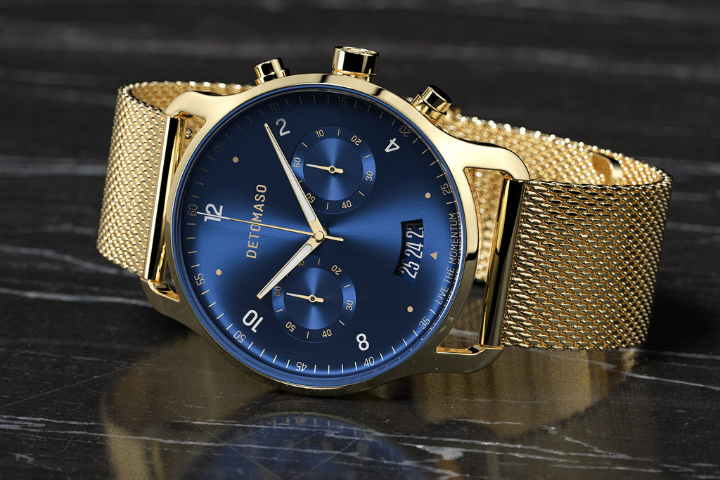 SORPASSO CHRONOGRAPH LIMITED EDITION GOLD BLUE - Mesh Gold Glossy - Detomaso Watches