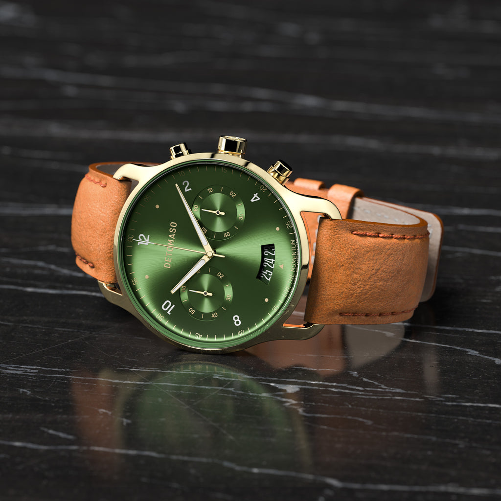 SORPASSO CHRONOGRAPH LIMITED EDITION GOLD GREEN - Leather Brown Classic - Detomaso Watches