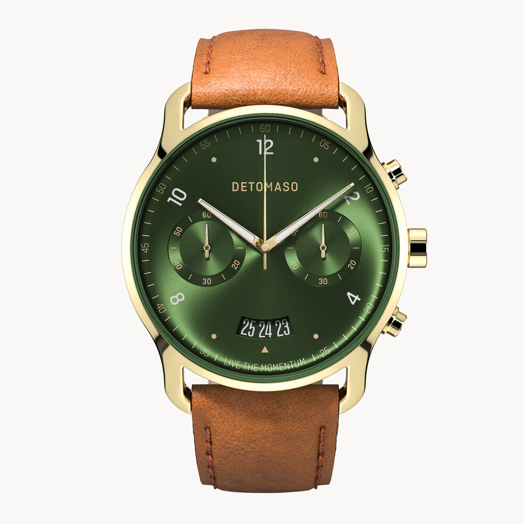 SORPASSO CHRONOGRAPH LIMITED EDITION GOLD GREEN - Leather Brown Classic - Detomaso Watches