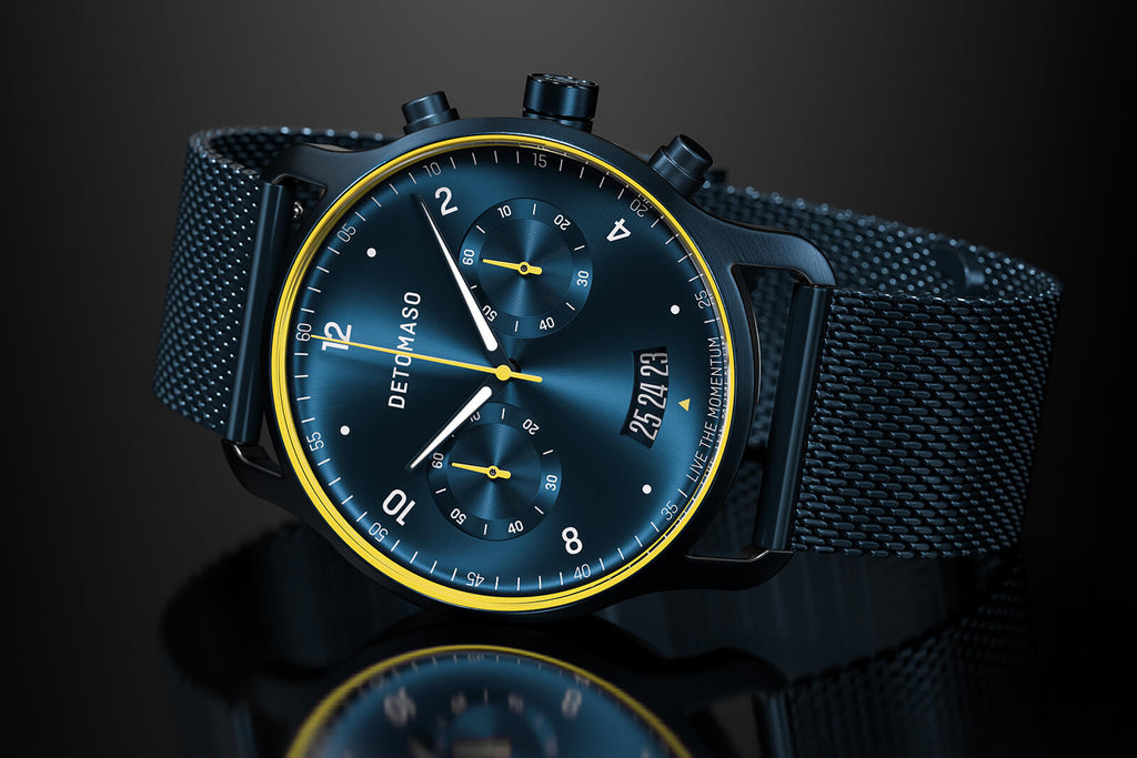 SORPASSO CHRONOGRAPH LIMITED EDITION VELOCITÁ BLUE YELLOW - Mesh Dark Blue Brushed - Detomaso Watches