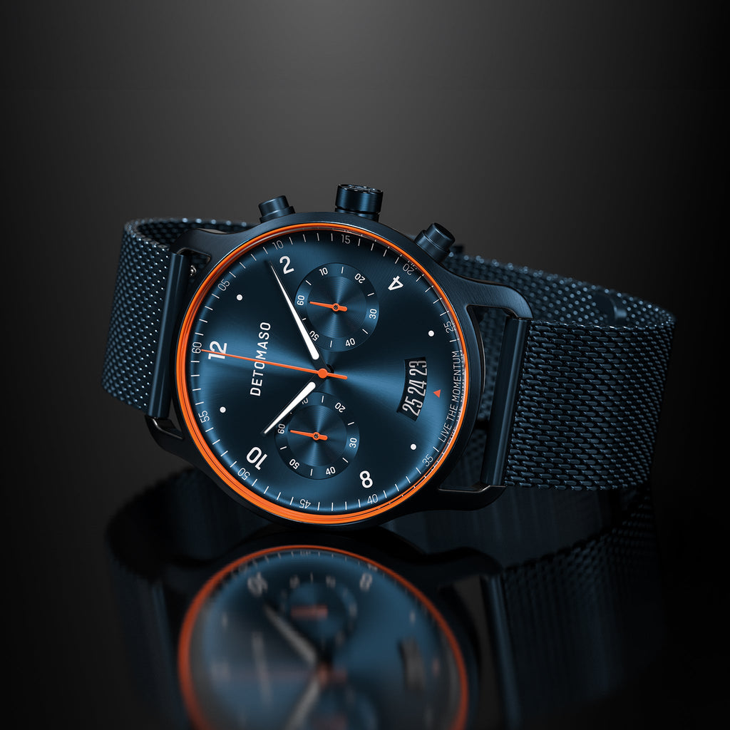 SORPASSO CHRONOGRAPH VELOCITÀ BLUE ORANGE - Mesh Dark blue Brushed - Detomaso Watches