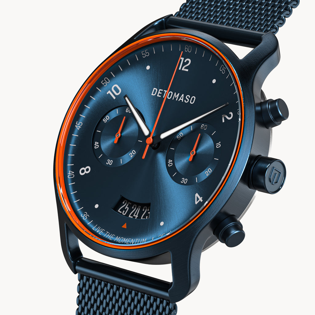 SORPASSO CHRONOGRAPH VELOCITÀ BLUE ORANGE - Mesh Dark blue Brushed - Detomaso Watches