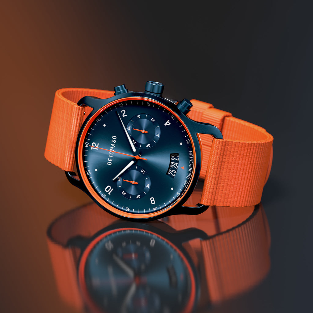 SORPASSO CHRONOGRAPH VELOCITÀ BLUE ORANGE - Ocean Plastic Orange Woven - Detomaso Watches