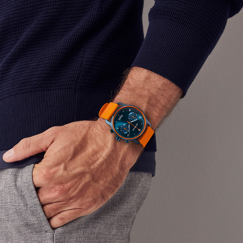 SORPASSO CHRONOGRAPH VELOCITÀ BLUE ORANGE - Ocean Plastic Orange Woven - Detomaso Watches