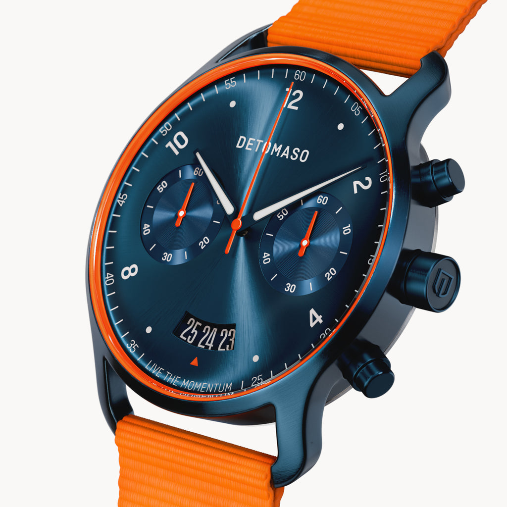 SORPASSO CHRONOGRAPH VELOCITÀ BLUE ORANGE - Ocean Plastic Orange Woven - Detomaso Watches
