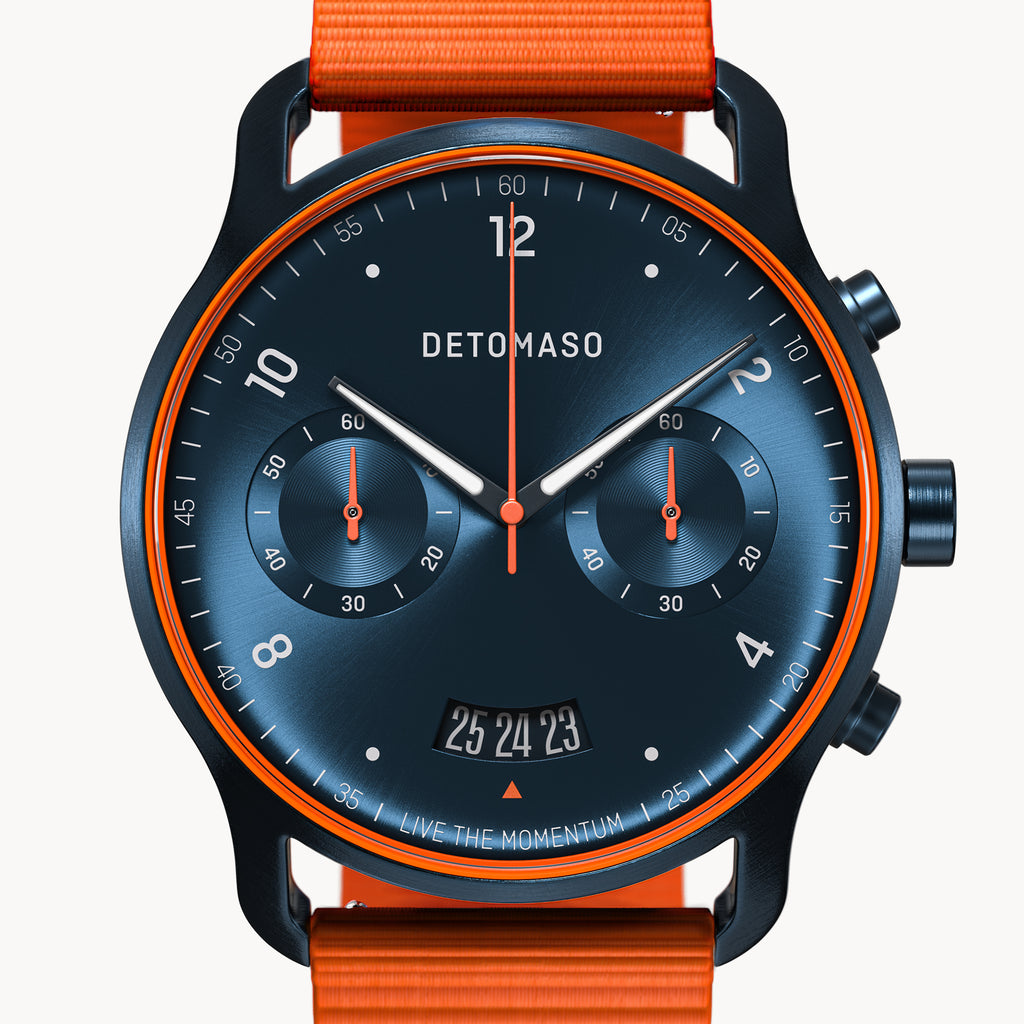 SORPASSO CHRONOGRAPH VELOCITÀ BLUE ORANGE - Ocean Plastic Orange Woven - Detomaso Watches