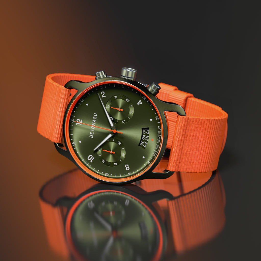 SORPASSO CHRONOGRAPH VELOCITÀ OLIVE - Ocean Plastic Orange Woven - Detomaso Watches