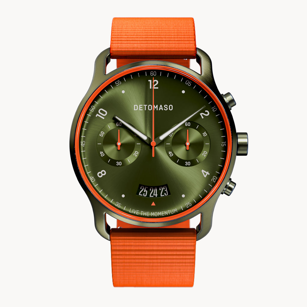 SORPASSO CHRONOGRAPH VELOCITÀ OLIVE - Ocean Plastic Orange Woven - Detomaso Watches
