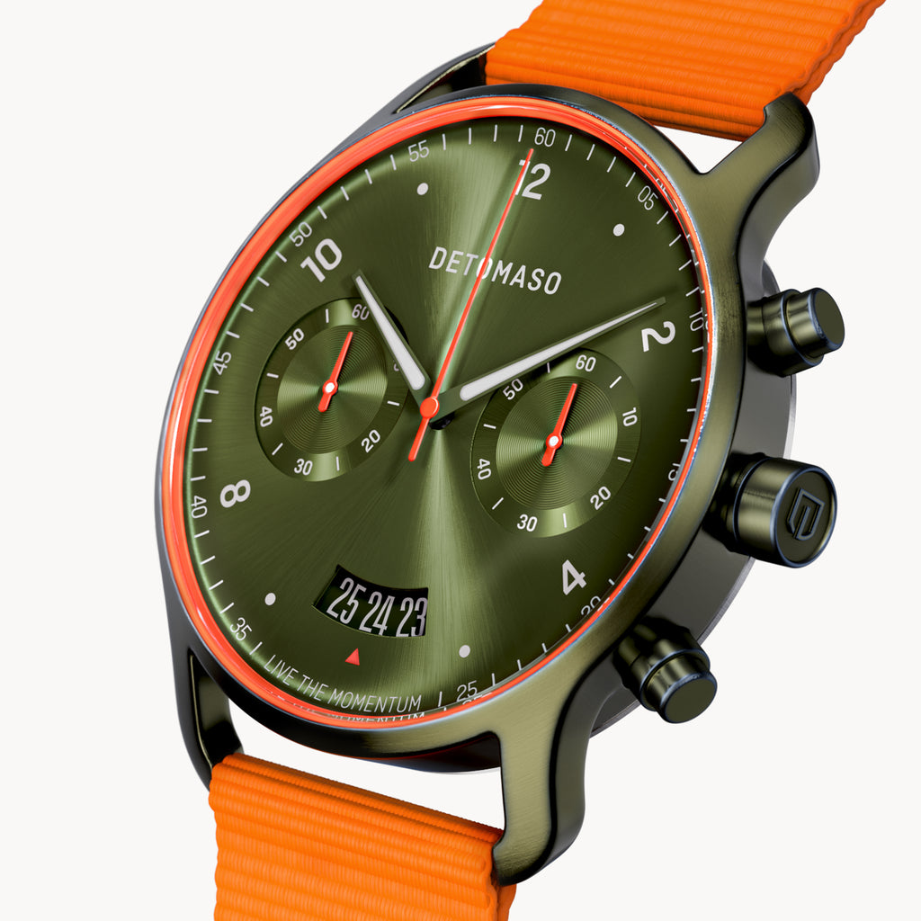 SORPASSO CHRONOGRAPH VELOCITÀ OLIVE - Ocean Plastic Orange Woven - Detomaso Watches