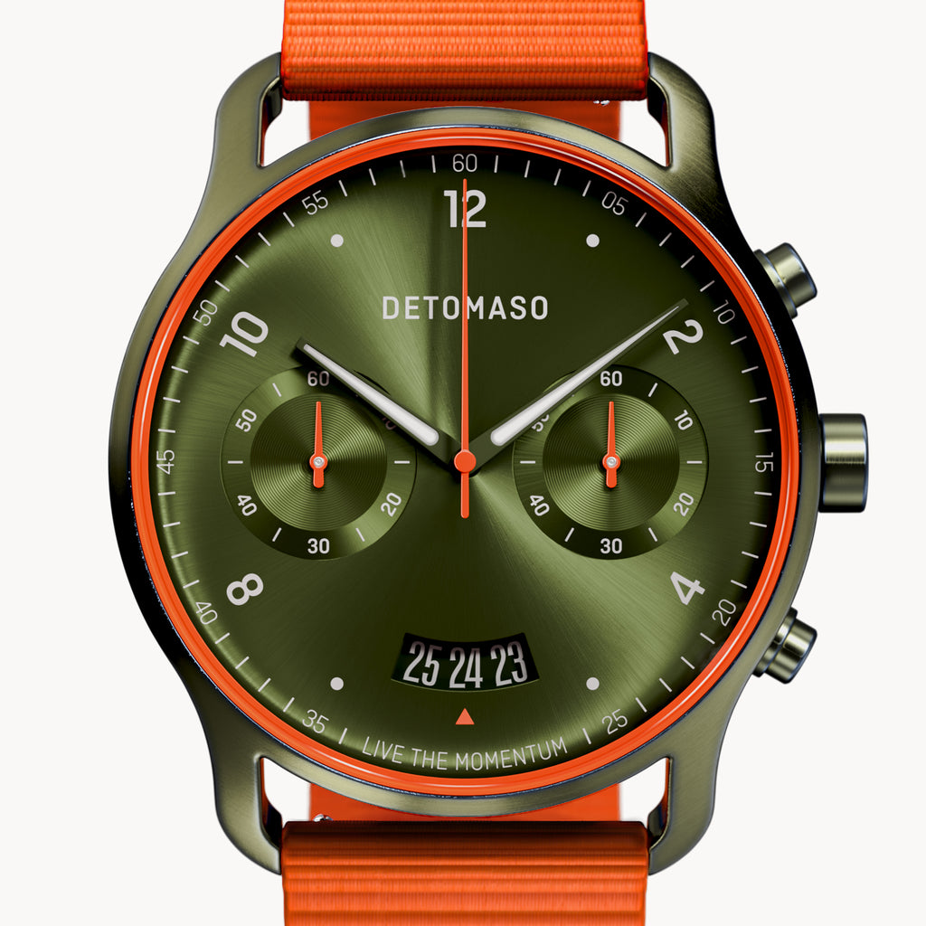 SORPASSO CHRONOGRAPH VELOCITÀ OLIVE - Ocean Plastic Orange Woven - Detomaso Watches