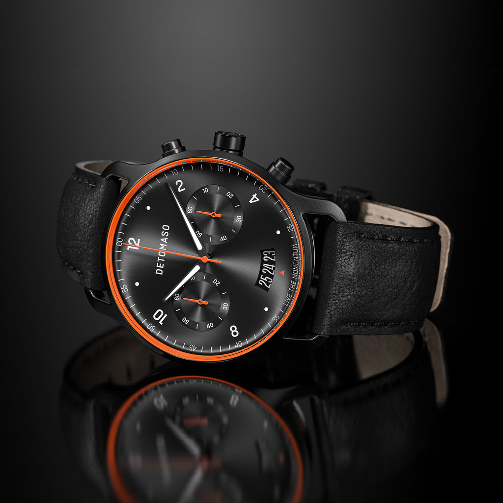 SORPASSO CHRONOGRAPH VELOCITÀ BLACK ORANGE - Leather Black Classic - Detomaso Watches