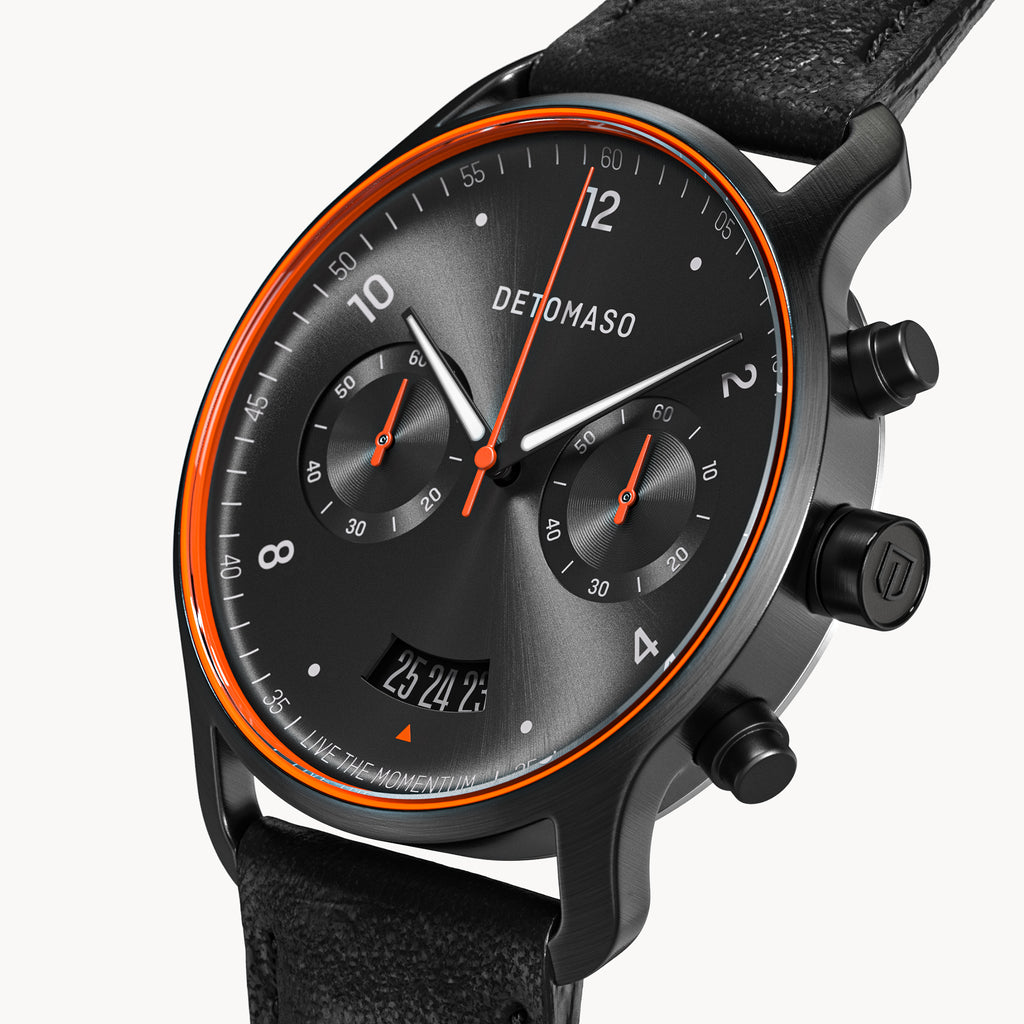 SORPASSO CHRONOGRAPH VELOCITÀ BLACK ORANGE - Leather Black Classic - Detomaso Watches