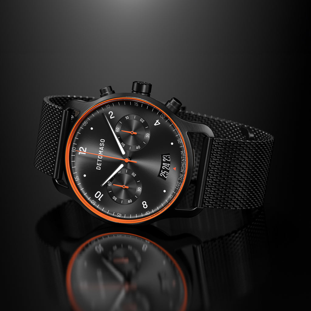 SORPASSO CHRONOGRAPH VELOCITÀ BLACK ORANGE - Mesh Black Brushed Matte - Detomaso Watches