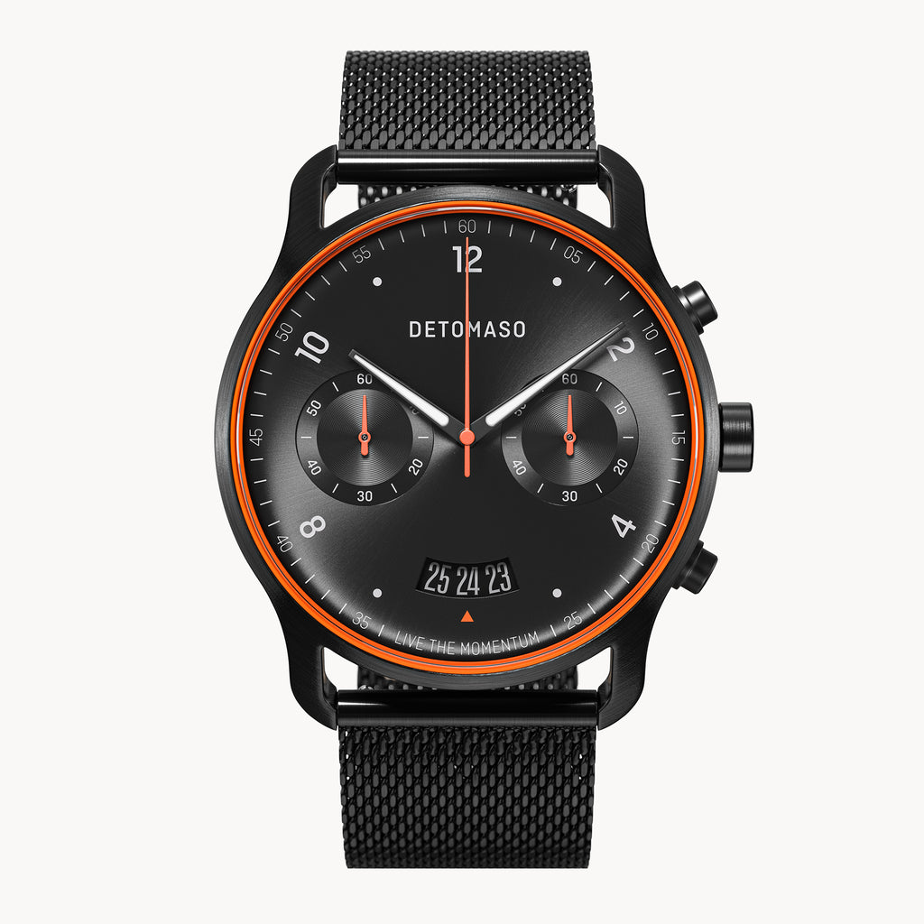 SORPASSO CHRONOGRAPH VELOCITÀ BLACK ORANGE - Mesh Black Brushed Matte - Detomaso Watches
