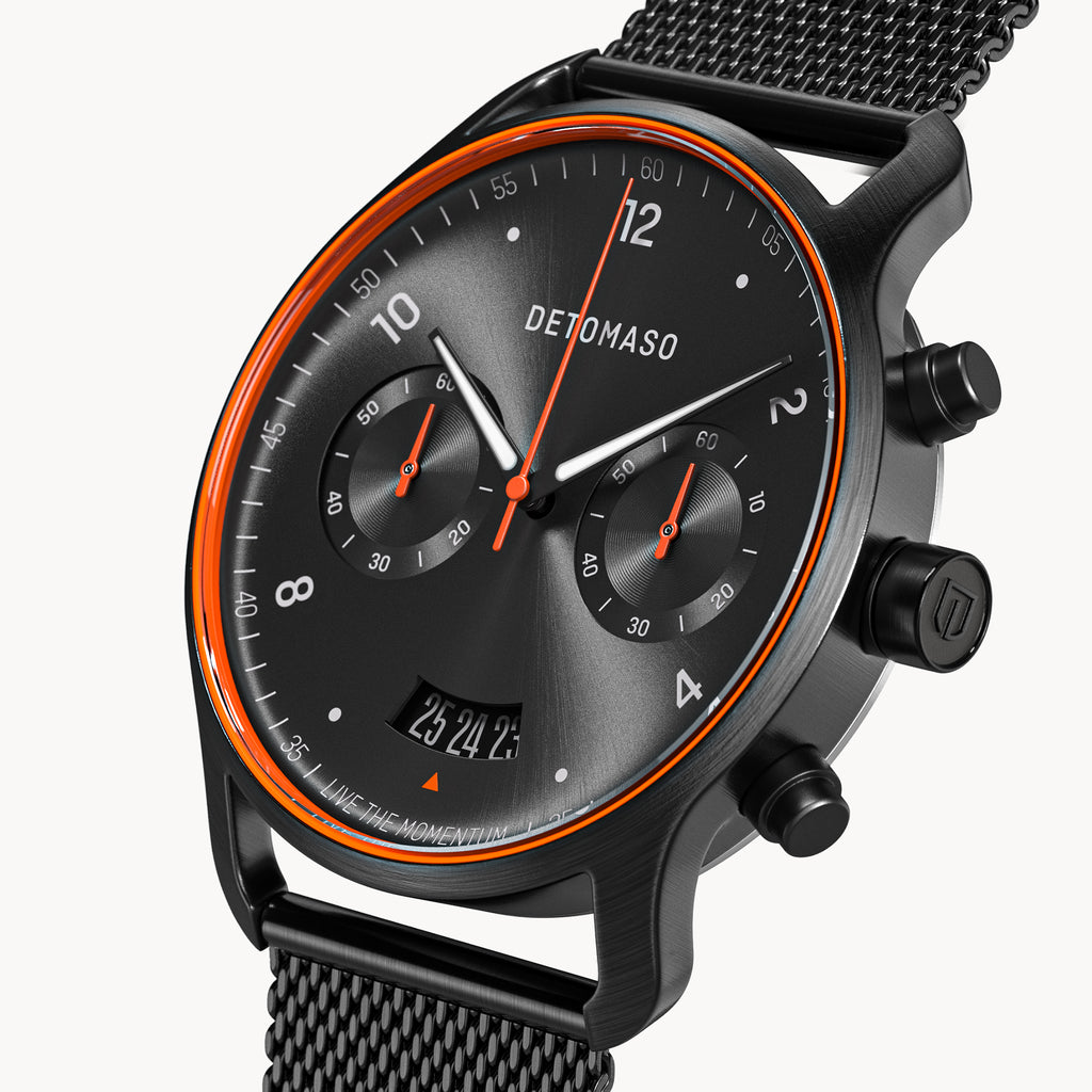 SORPASSO CHRONOGRAPH VELOCITÀ BLACK ORANGE - Mesh Black Brushed Matte - Detomaso Watches