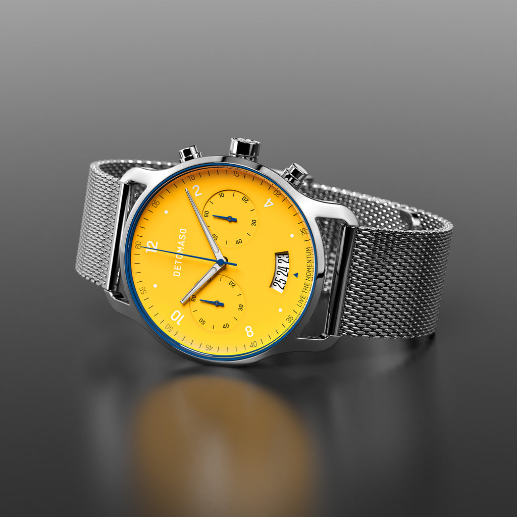 SORPASSO CHRONOGRAPH GIALLO - Mesh Silver Glossy - Detomaso Watches