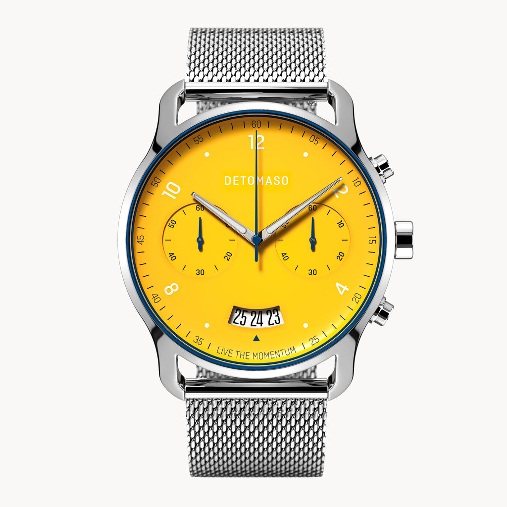 SORPASSO CHRONOGRAPH GIALLO - Mesh Silver Glossy - Detomaso Watches