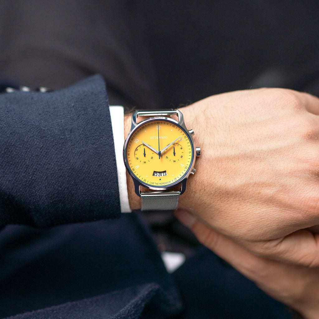SORPASSO CHRONOGRAPH GIALLO - Mesh Silver Glossy - Detomaso Watches