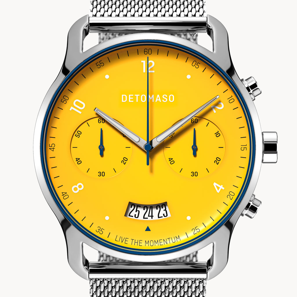 SORPASSO CHRONOGRAPH GIALLO - Mesh Silver Glossy - Detomaso Watches