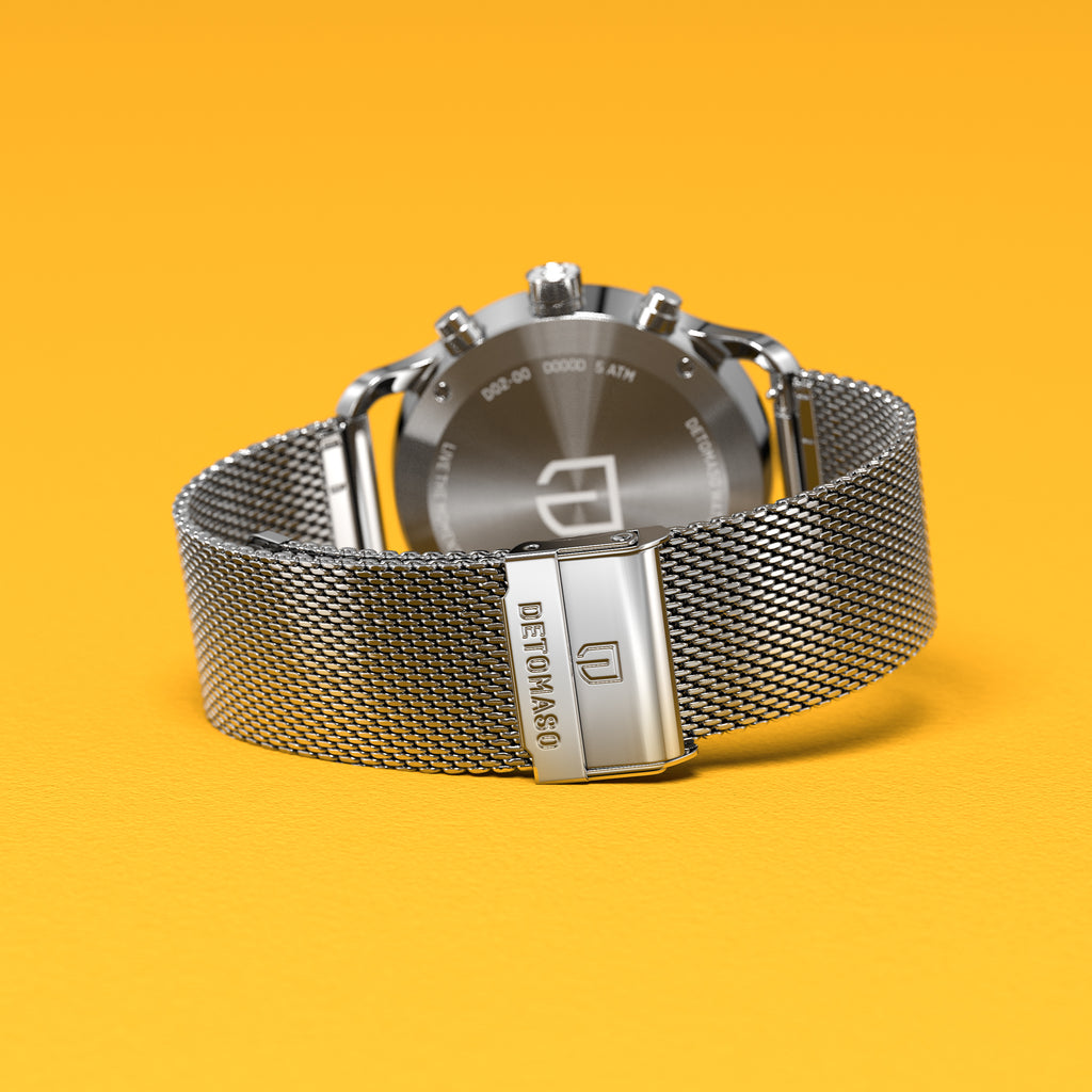 SORPASSO CHRONOGRAPH GIALLO - Mesh Silver Glossy - Detomaso Watches