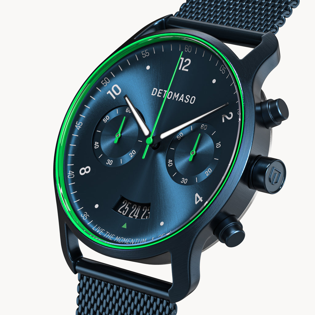 SORPASSO CHRONOGRAPH VELOCITÀ BLUE GREEN - Mesh Dark blue Brushed - Detomaso Watches