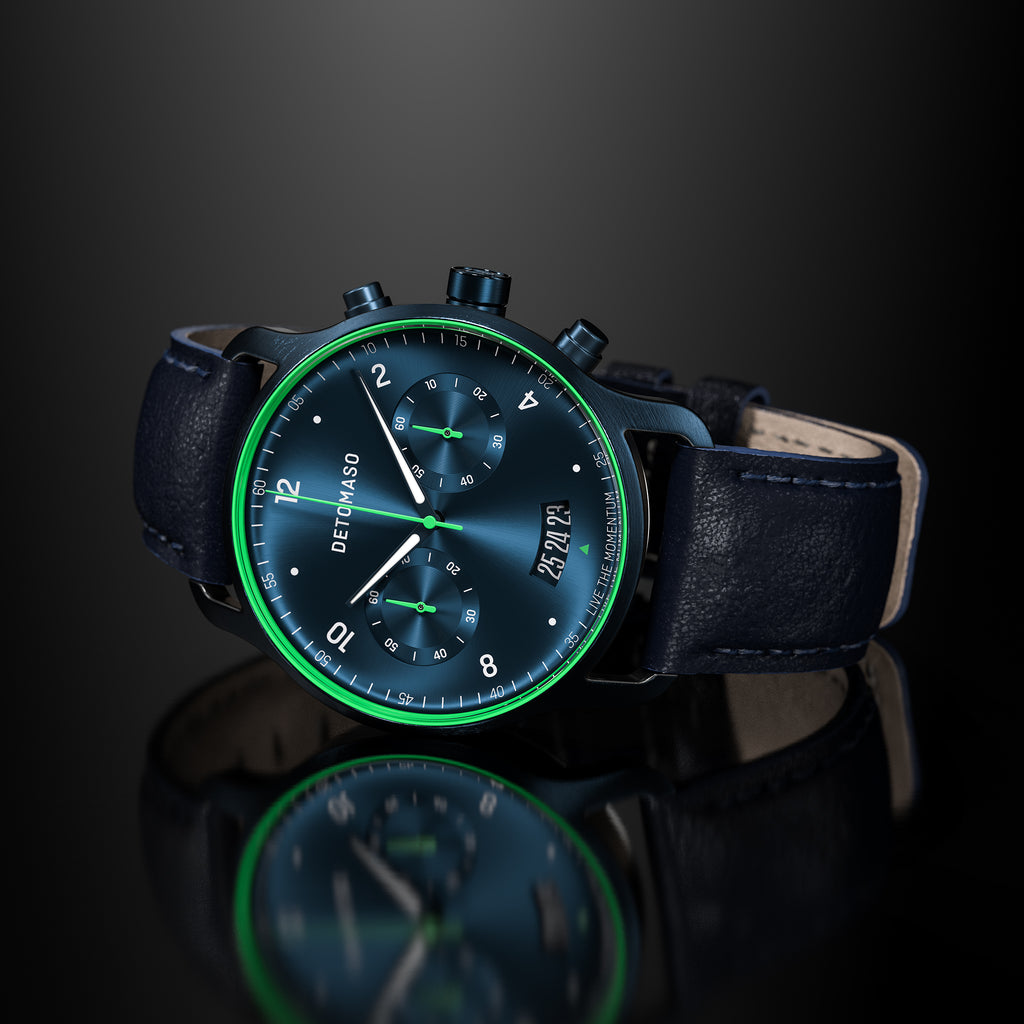 SORPASSO CHRONOGRAPH VELOCITÀ BLUE GREEN - Leather Dark blue Classic - Detomaso Watches