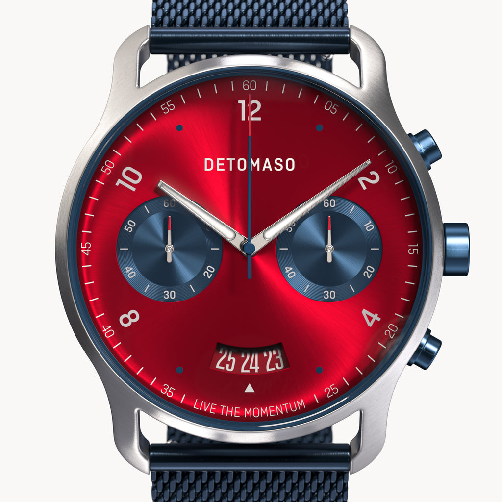 SORPASSO CHRONOGRAPH MACCHINA SILVER - Mesh Dark blue Brushed - Detomaso Watches